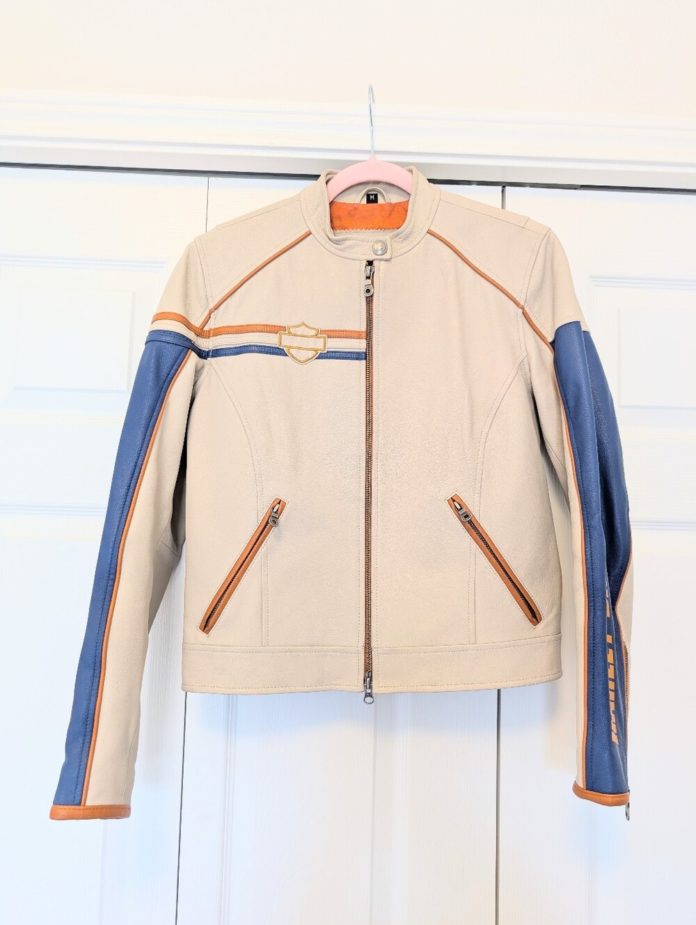 Harley Davidson Women's Riding Leather Jacket Sz M Cream Blue Orange